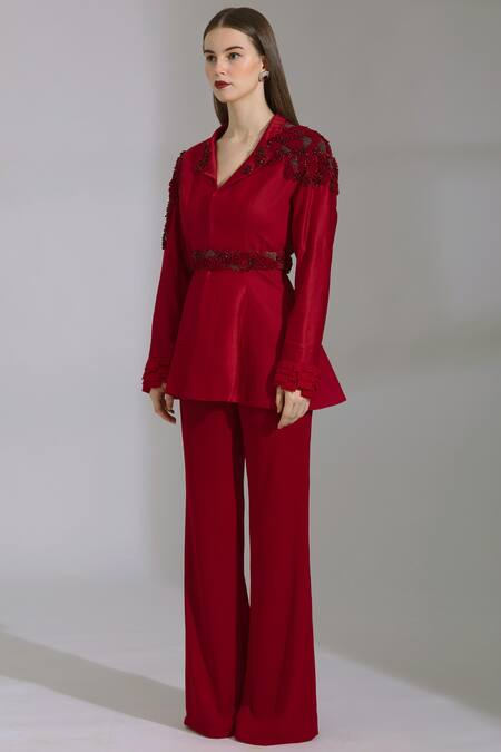 Shop Parul And Preyanka Red Chanderi Heavy Crepe, Silk Dobby Lapel Pant Set Online at Aza Fashions Shop_Parul And Preyanka_Red Chanderi Heavy Crepe, Silk Dobby Lapel Pant Set _Online_at_Aza_Fashions