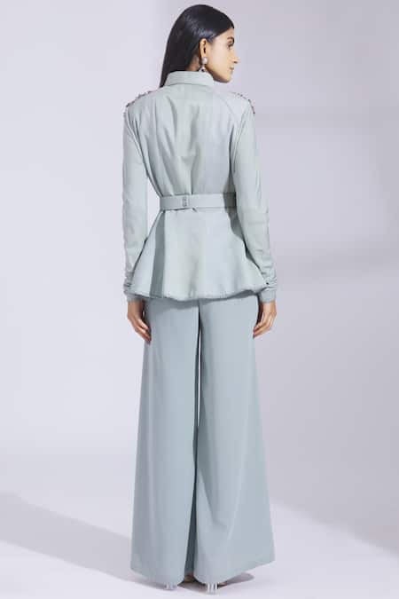 Buy Parul And Preyanka Blue Cotton Satin, Heavy Crepe, Silk Dobby Spread Collar Embroidered Pant Set Online at Aza Fashions Buy_Parul And Preyanka_Blue Cotton Satin, Heavy Crepe, Silk Dobby Spread Collar Embroidered Pant Set _Online_at_Aza_Fashions