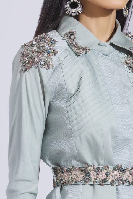 Shop Parul And Preyanka Blue Cotton Satin, Heavy Crepe, Silk Dobby Spread Collar Embroidered Pant Set Online at Aza Fashions Shop_Parul And Preyanka_Blue Cotton Satin, Heavy Crepe, Silk Dobby Spread Collar Embroidered Pant Set _Online_at_Aza_Fashions