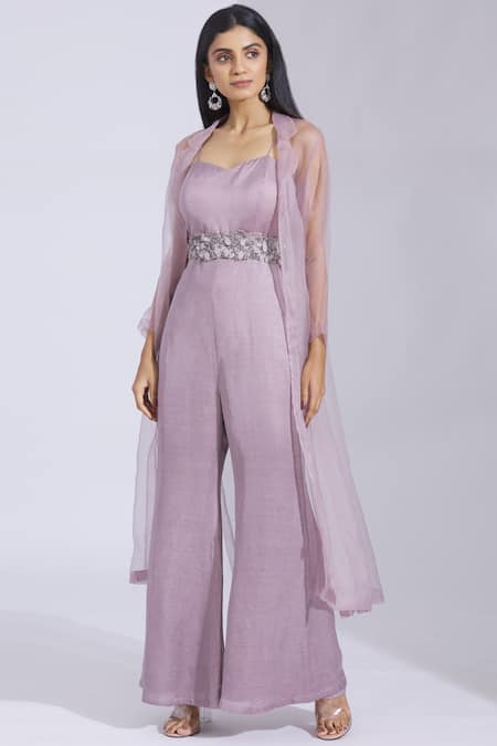 Buy Beige Muslin Slub Printed Round Layered Jumpsuit With Jacket For Women  by Soup by Sougat Paul Online at Aza Fashions.