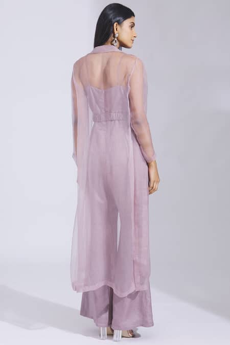 Shop Parul And Preyanka Purple Silk Organza, Satin Linen Jumpsuit Sweetheart Jacket Flared With at Aza Fashions Shop_Parul And Preyanka_Purple Silk Organza, Satin Linen Jumpsuit Sweetheart Jacket Flared With _at_Aza_Fashions