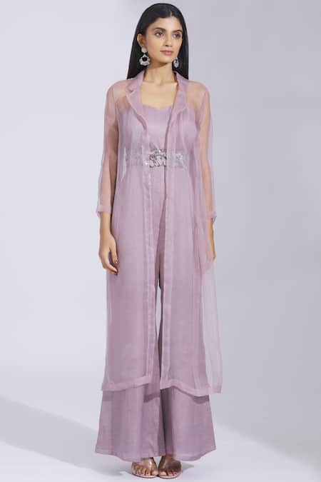 Parul And Preyanka Purple Silk Organza, Satin Linen Jumpsuit Sweetheart Jacket Flared With Online at Aza Fashions Parul And Preyanka_Purple Silk Organza, Satin Linen Jumpsuit Sweetheart Jacket Flared With _Online_at_Aza_Fashions