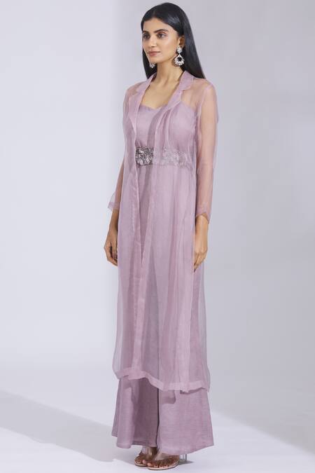Buy Parul And Preyanka Purple Silk Organza, Satin Linen Jumpsuit Sweetheart Jacket Flared With Online at Aza Fashions Buy_Parul And Preyanka_Purple Silk Organza, Satin Linen Jumpsuit Sweetheart Jacket Flared With _Online_at_Aza_Fashions