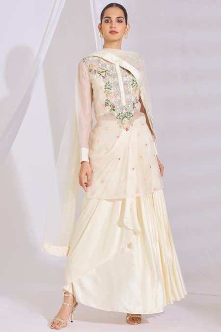 Aksh White Organza Satin Kurta Round Embellished Skirt Set 