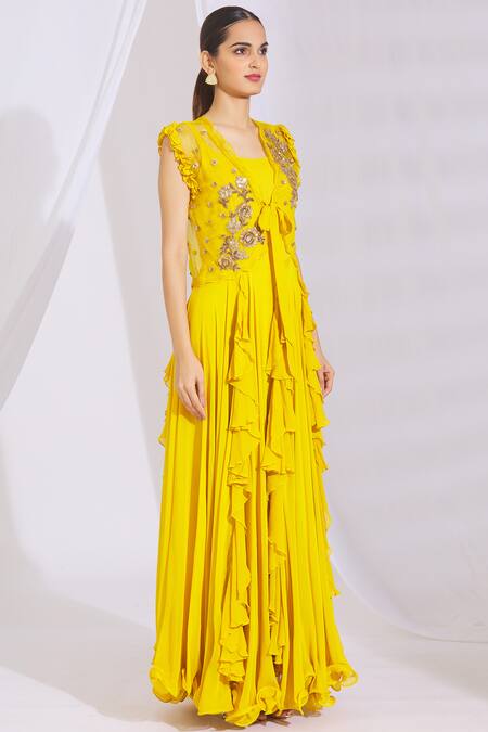 Aksh Yellow Organza, Georgette Round Ruffle Anarkali With Jacket Online at Aza Fashions Aksh_Yellow Organza, Georgette Round Ruffle Anarkali With Jacket_Online_at_Aza_Fashions