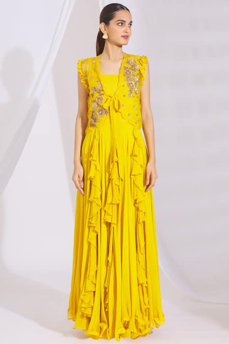 Buy Aksh Yellow Organza, Georgette Round Ruffle Anarkali With Jacket Online at Aza Fashions Buy_Aksh_Yellow Organza, Georgette Round Ruffle Anarkali With Jacket_Online_at_Aza_Fashions