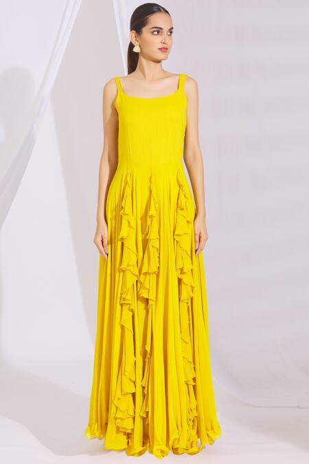 Shop Aksh Yellow Organza, Georgette Round Ruffle Anarkali With Jacket Online at Aza Fashions Shop_Aksh_Yellow Organza, Georgette Round Ruffle Anarkali With Jacket_Online_at_Aza_Fashions