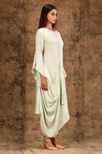 Aariyana Couture_Green Cotton, Silk Embroidery Round Neck Cowl Drape Midi Dress_Online_at_Aza_Fashions