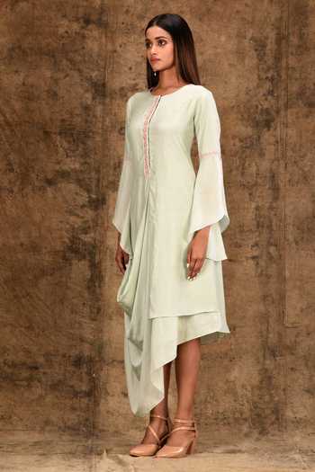 Buy_Aariyana Couture_Green Cotton, Silk Embroidery Round Neck Cowl Drape Midi Dress_Online_at_Aza_Fashions