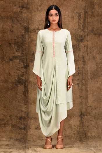 Shop_Aariyana Couture_Green Cotton, Silk Embroidery Round Neck Cowl Drape Midi Dress_Online_at_Aza_Fashions