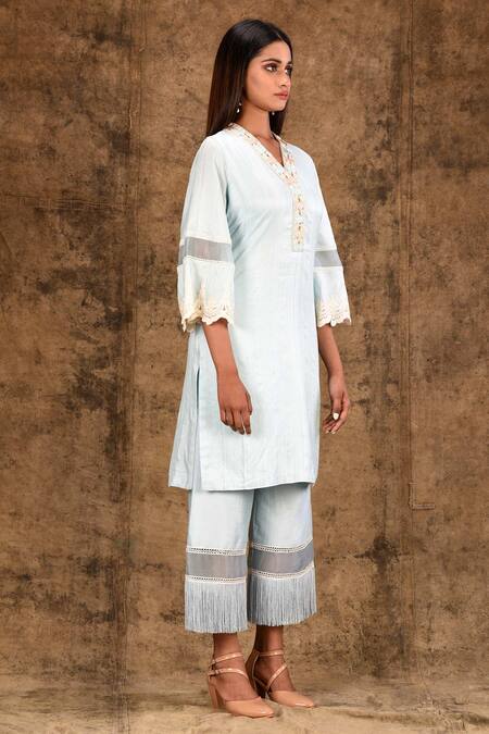 Aariyana Couture_Blue Cotton, Silk Lace, Fringe, Embroidery Round Neck Kurta Set_Online_at_Aza_Fashions
