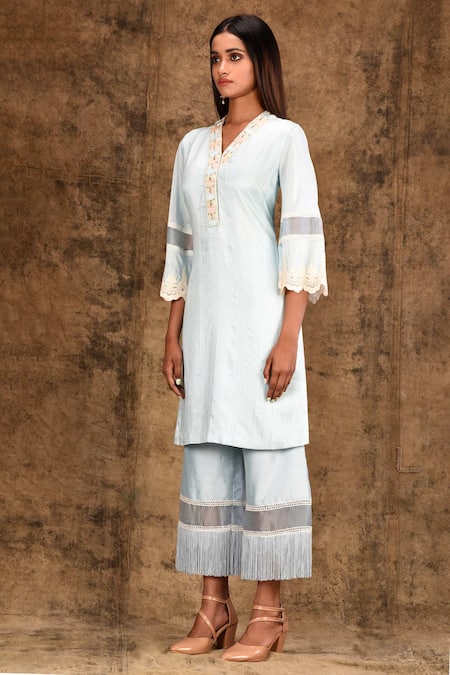 Buy_Aariyana Couture_Blue Cotton, Silk Lace, Fringe, Embroidery Round Neck Kurta Set_Online_at_Aza_Fashions