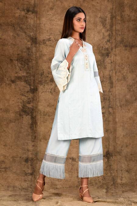 Shop_Aariyana Couture_Blue Cotton, Silk Lace, Fringe, Embroidery Round Neck Kurta Set_Online_at_Aza_Fashions