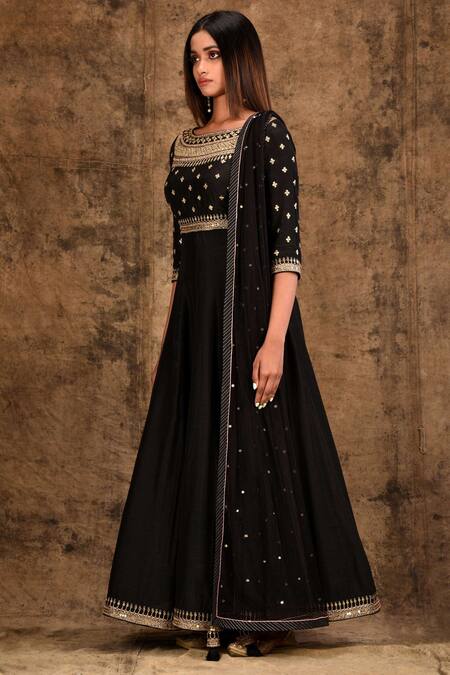Aariyana Couture_Black Modal, Satin, Tussar Embroidery, Sequins Round Neck Anarkali Set_Online_at_Aza_Fashions