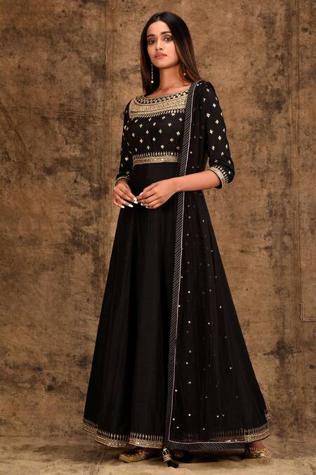 Buy_Aariyana Couture_Black Modal, Satin, Tussar Embroidery, Sequins Round Neck Anarkali Set_Online_at_Aza_Fashions