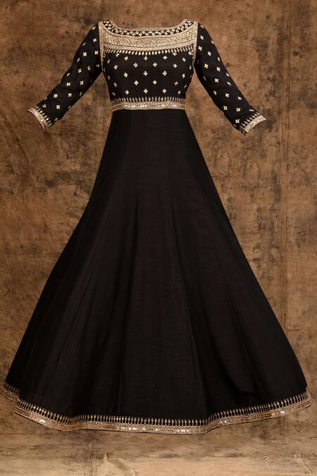 Shop_Aariyana Couture_Black Modal, Satin, Tussar Embroidery, Sequins Round Neck Anarkali Set_Online_at_Aza_Fashions