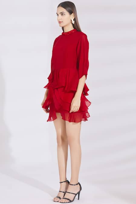 Buy_Shriya Som_Red Chiffon Round Asymmetric Ruffle Top_Online_at_Aza_Fashions