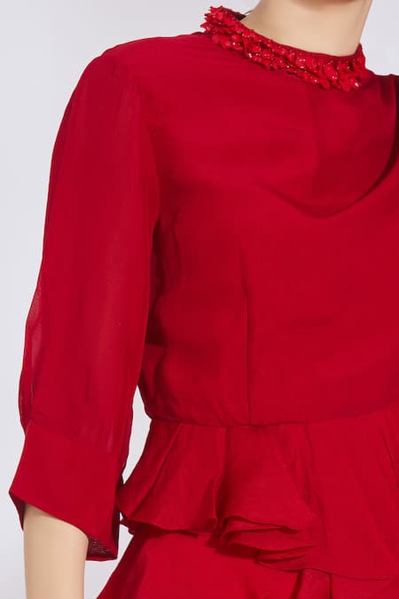 Shriya Som_Red Chiffon Round Asymmetric Ruffle Top_at_Aza_Fashions