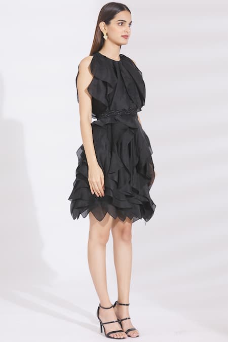 Shriya Som_Black Round Ruffle Dress _Online_at_Aza_Fashions