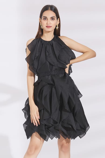 Plus Black Satin Frill Layered Midiaxi Dress | PrettyLittleThing KSA