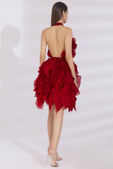 Shop_Shriya Som_Maroon Georgette Halter Ruffle Dress  _at_Aza_Fashions