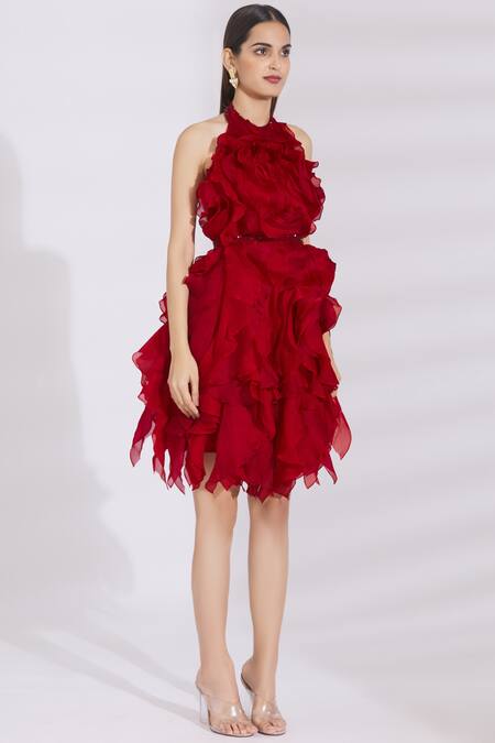 Shriya Som_Maroon Georgette Halter Ruffle Dress  _Online_at_Aza_Fashions