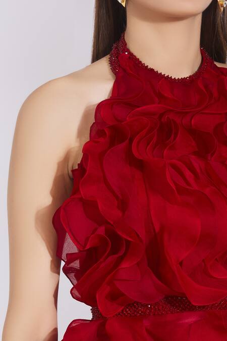 Shriya Som_Maroon Georgette Halter Ruffle Dress  _at_Aza_Fashions
