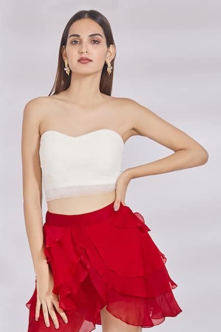 SHRIYA SOM White Net Sweetheart Neck Bandeau Crop Top  