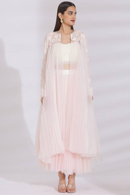 Buy_Shriya Som_Pink Georgette Round Pleated Long Jacket_Online_at_Aza_Fashions
