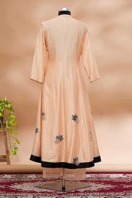 Shop_House Of Kotwara_Peach V Neck Embellished Anarkali And Palazzo Set  _at_Aza_Fashions