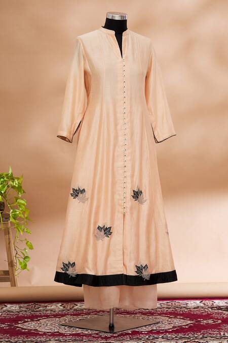 House Of Kotwara_Peach V Neck Embellished Anarkali And Palazzo Set  _Online_at_Aza_Fashions