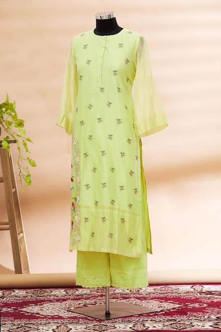 Prama By Pratima Pandey Green Round Embroidered Kurta And Palazzo Set  