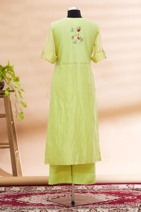 Shop_Prama By Pratima Pandey_Green Round Embroidered Kurta And Palazzo Set  _at_Aza_Fashions