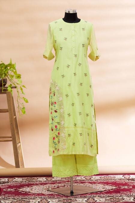 Prama By Pratima Pandey_Green Round Embroidered Kurta And Palazzo Set  _Online_at_Aza_Fashions
