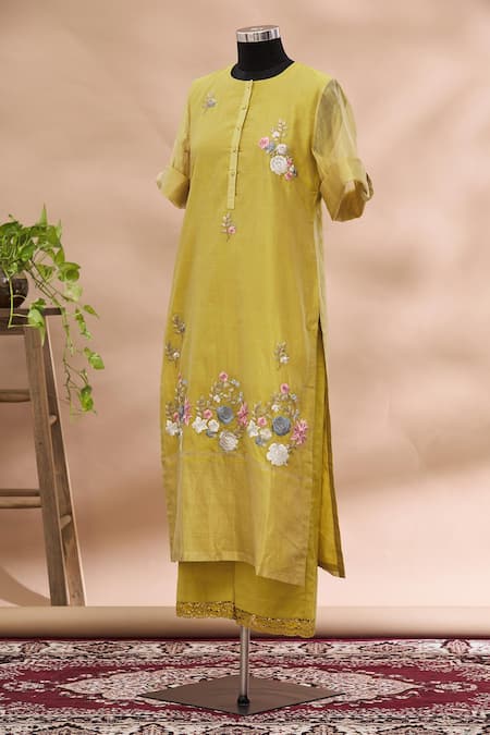 Prama By Pratima Pandey Yellow Round Embroidered Kurta And Palazzo Set  