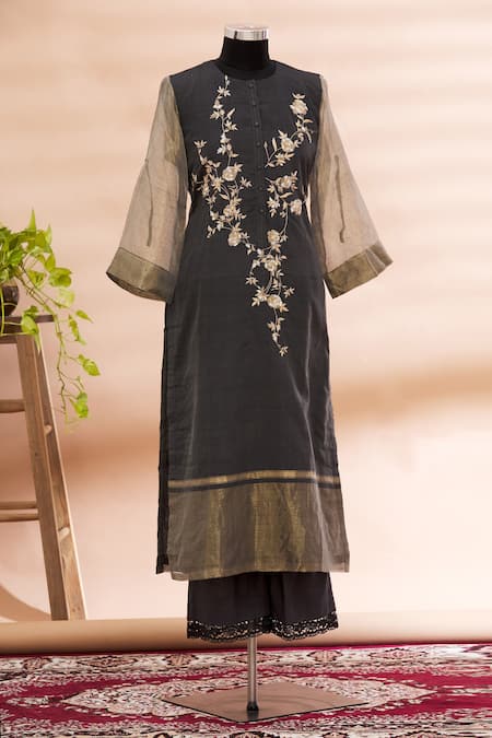 Prama By Pratima Pandey Black Round Embroidered Kurta And Palazzo Set  