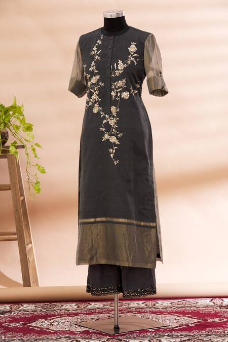 Prama By Pratima Pandey_Black Round Embroidered Kurta And Palazzo Set  _Online_at_Aza_Fashions