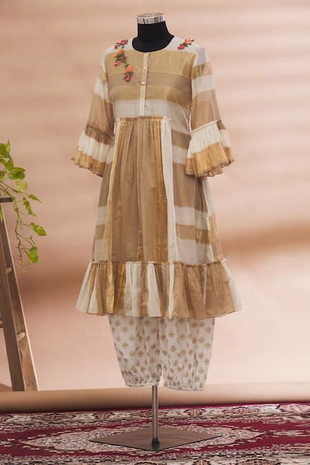 Prama By Pratima Pandey Beige Round Striped Kurta Set