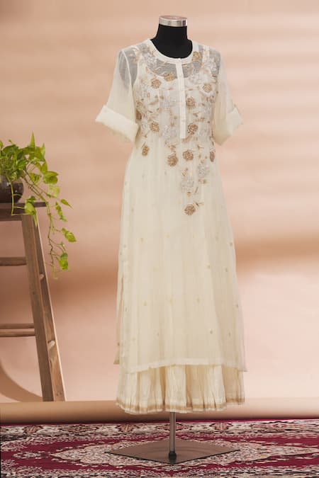 Prama By Pratima Pandey White Kurta Round Embroidered And Palazzo Set