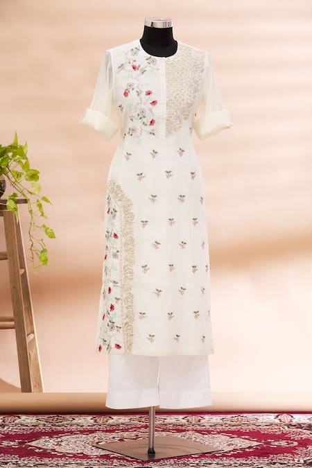 Prama By Pratima Pandey White Kurta Round Embroidered And Palazzo Set