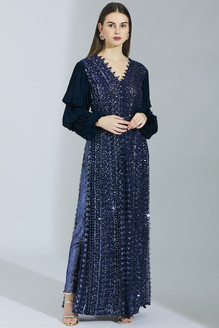 Manish Malhotra Blue Net Embroidered Kurta Pant Set