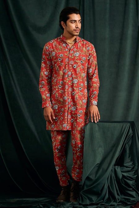 Project Bandi_Red Cotton Printed Floral Brindavan Kurta Set  _Online_at_Aza_Fashions
