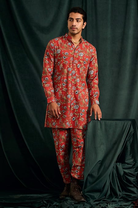 Buy_Project Bandi_Red Cotton Printed Floral Brindavan Kurta Set  _Online_at_Aza_Fashions