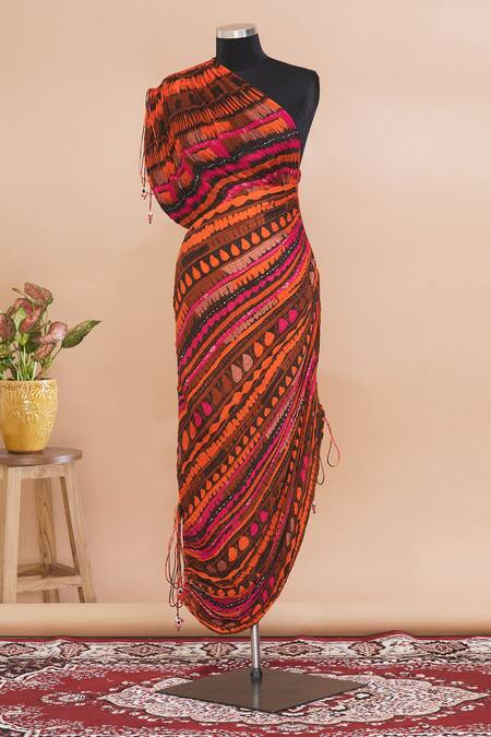Buy_Saaksha & Kinni_Multi Color One Shoulder Pleated Dress_Online_at_Aza_Fashions