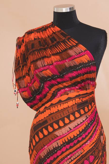 Shop_Saaksha & Kinni_Multi Color One Shoulder Pleated Dress_Online_at_Aza_Fashions