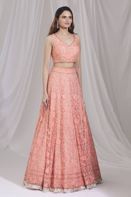 Aariyana Couture_Peach Net, Cotton Sequins, Embroidery V-neck Bridal Lehenga Set_Online_at_Aza_Fashions