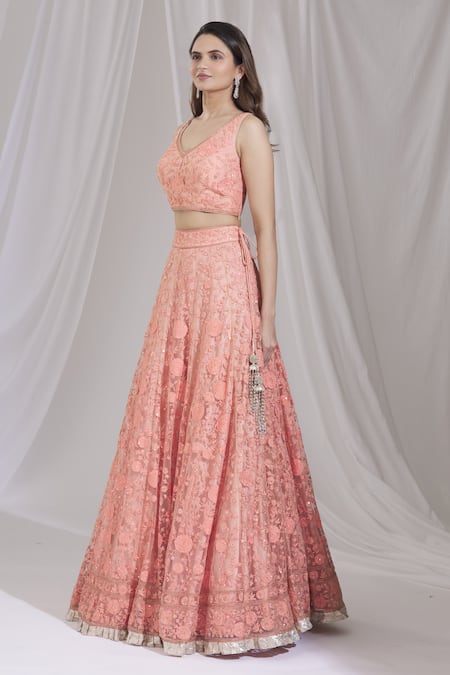 Buy_Aariyana Couture_Peach Net, Cotton Sequins, Embroidery V-neck Bridal Lehenga Set_Online_at_Aza_Fashions