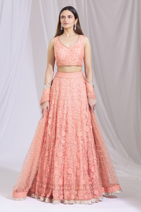 Shop_Aariyana Couture_Peach Net, Cotton Sequins, Embroidery V-neck Bridal Lehenga Set_Online_at_Aza_Fashions