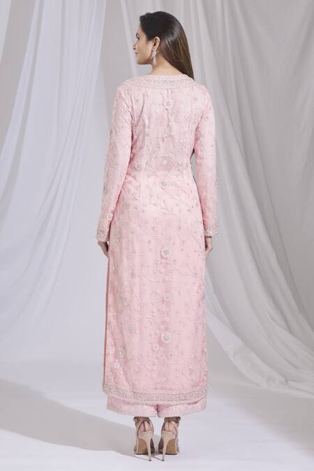 Shop_Ariyana By Aza_Pink Net, Bamboo, Silk Embroidery Round Neck Kurta And Pant Set _at_Aza_Fashions