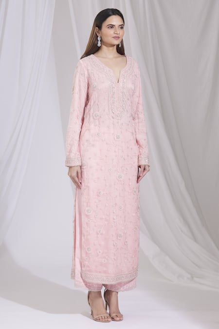 Ariyana By Aza_Pink Net, Bamboo, Silk Embroidery Round Neck Kurta And Pant Set _Online_at_Aza_Fashions
